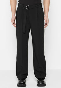Relaxed Fit Woven Belted Tailored Trousers - Black
