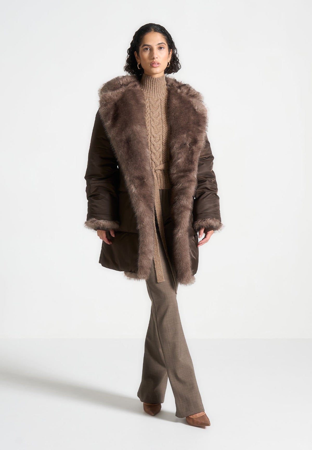 Alima - Fur Longline Belted Coat - Brown