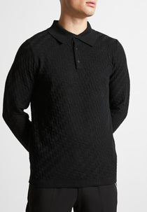Cotton Blend Waffle Knit Long Sleeve Polo Top - Black