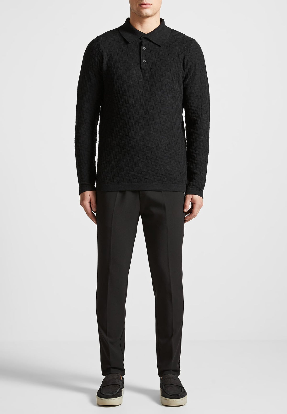 Cotton Blend Waffle Knit Long Sleeve Polo Top - Black