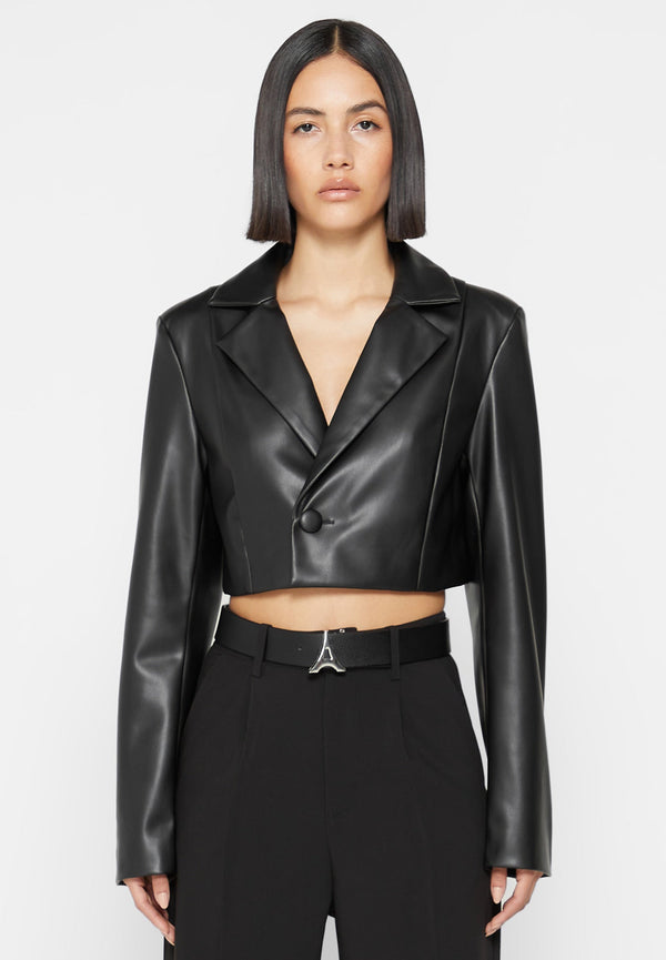 Cropped Leather Blazer with Open Back - Black