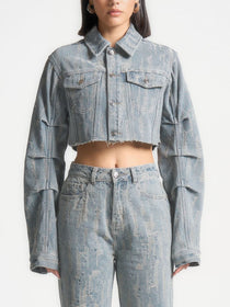 Alice -  Cropped Distressed Denim Jacket - Mid Blue