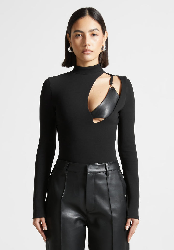 Nuala Bodysuit - High Neck Side Cut Out Bodysuit in Black