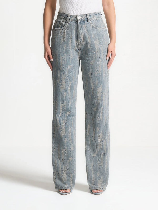Posie - Distressed High Rise Straight Leg Jeans - Mid Blue