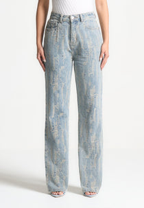 Florence - Distressed High Rise Straight Leg Jeans - Mid Blue