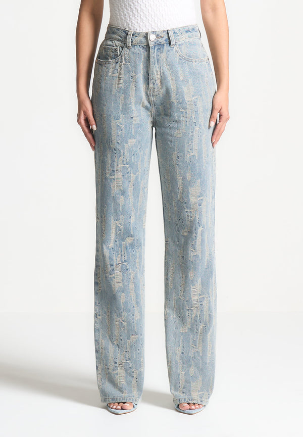 Florence - Distressed High Rise Straight Leg Jeans - Mid Blue