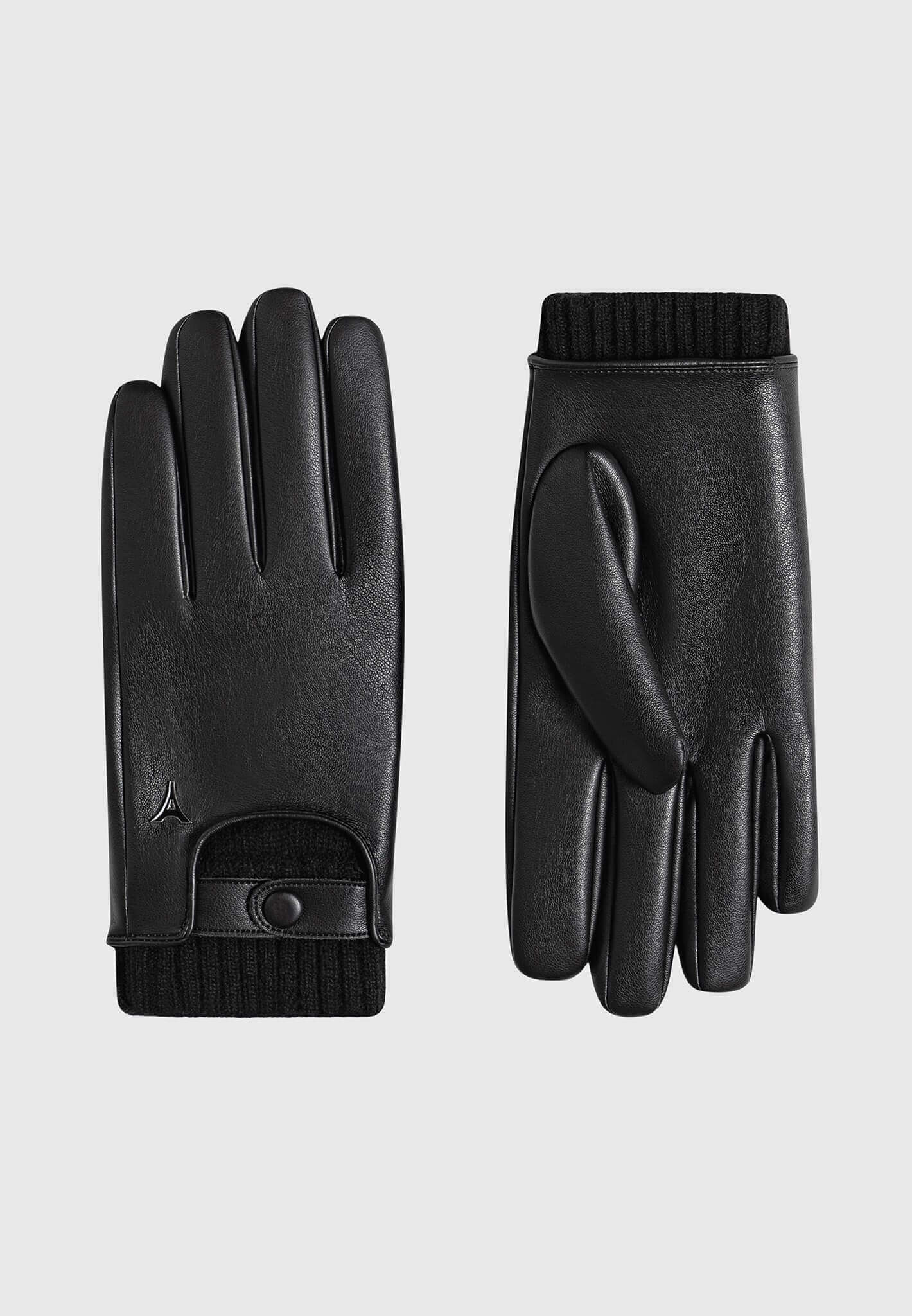 Leather and Ribbed Knit Gloves - Black