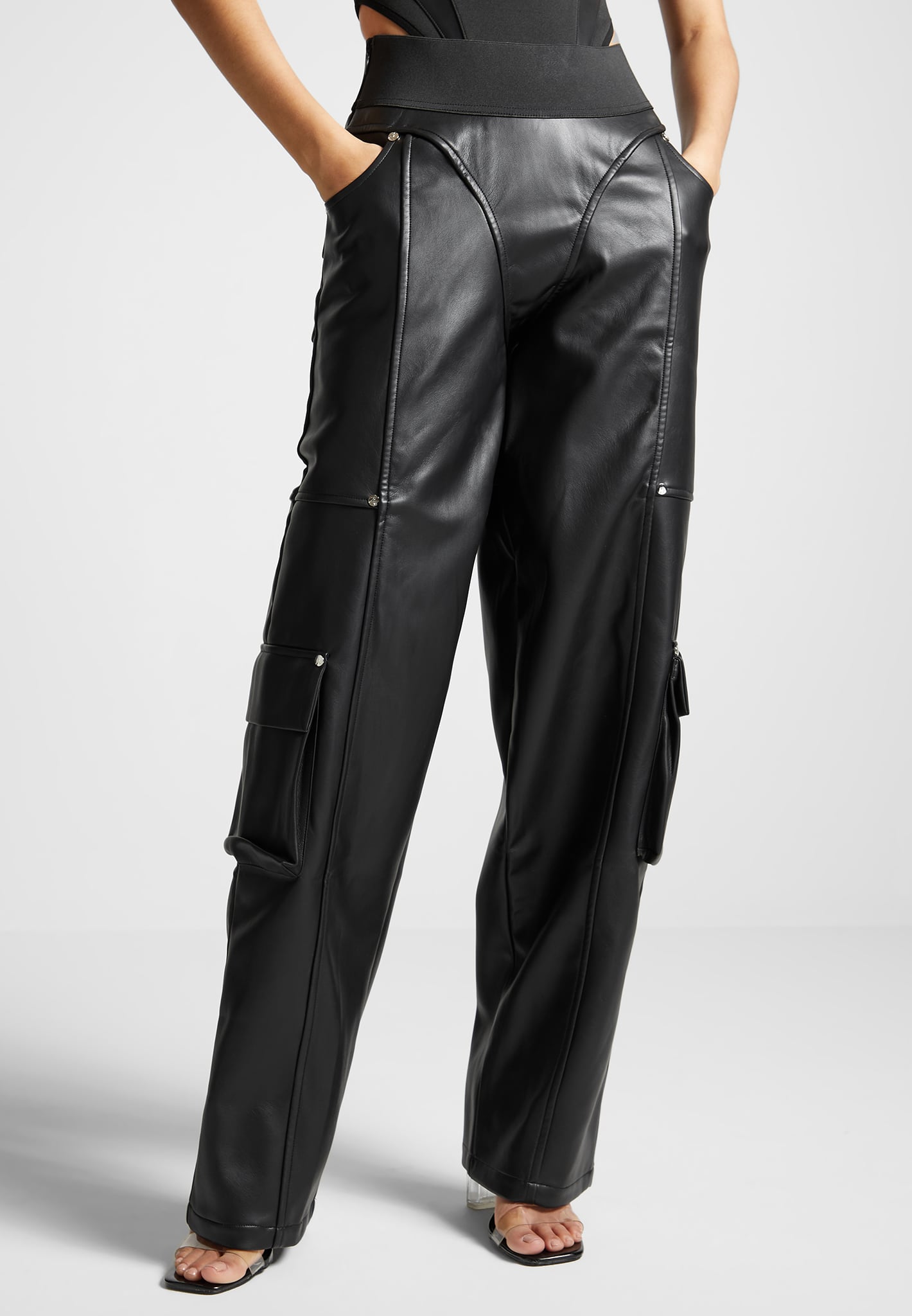 Elasticated Waist Vegan Leather Cargo Trousers - Black