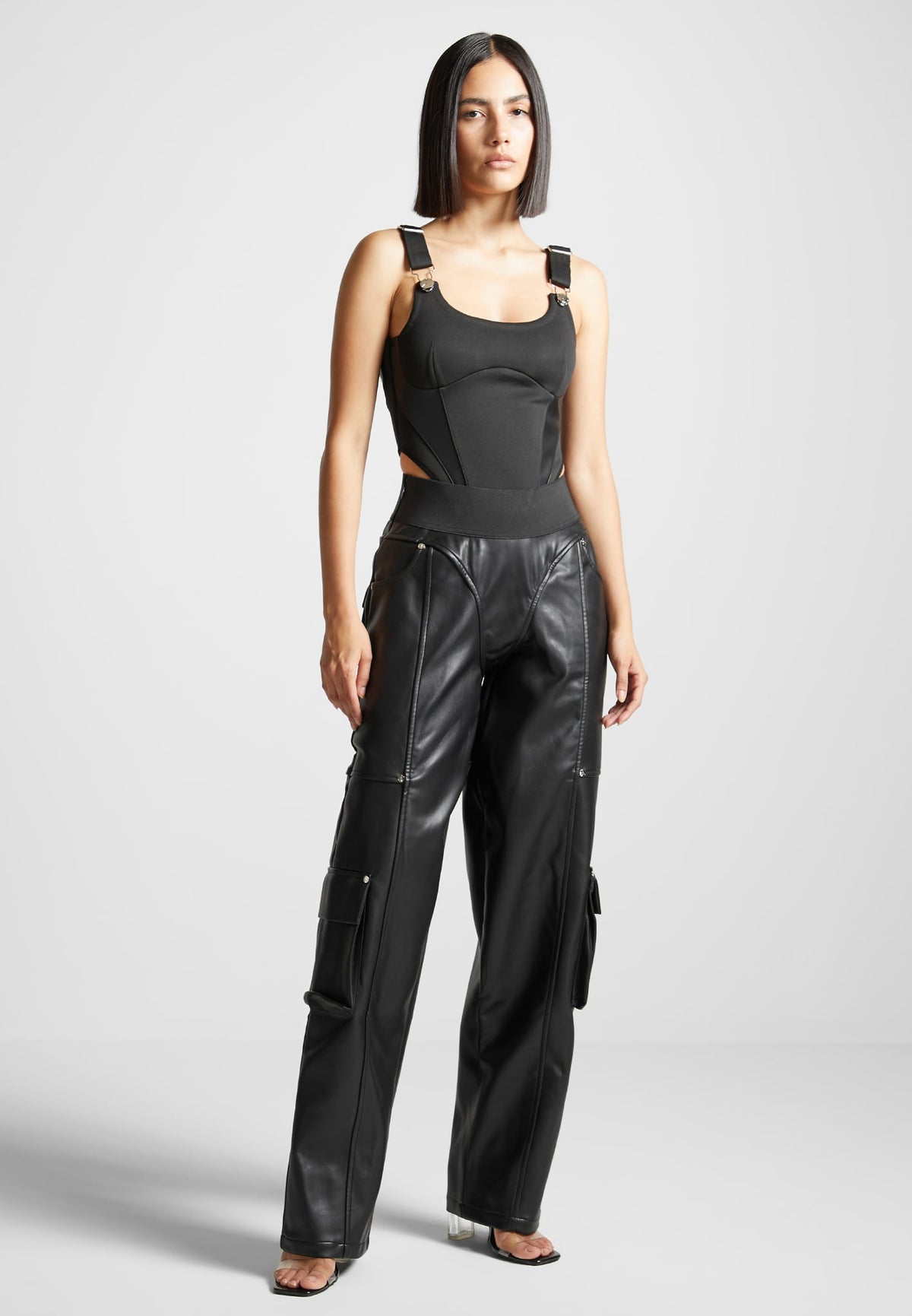 Elasticated Waist Leather Cargo Pants - Black