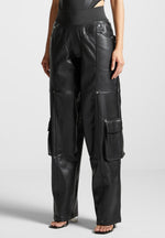 elasticated-waist-vegan-leather-cargo-trousers-black