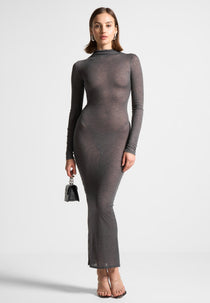 Mock Neck Sheer Midaxi Dress - Grey