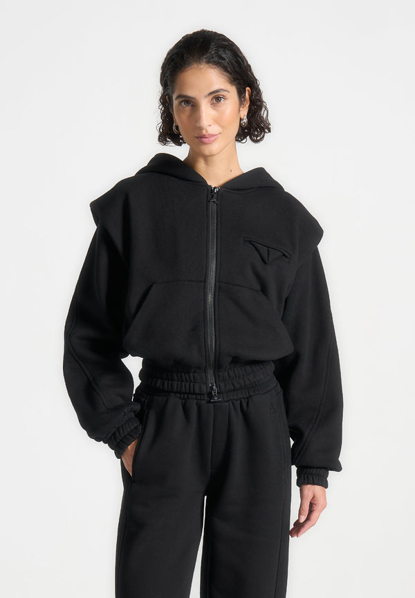 Wide Shoulder Zip Through Hoodie - Black