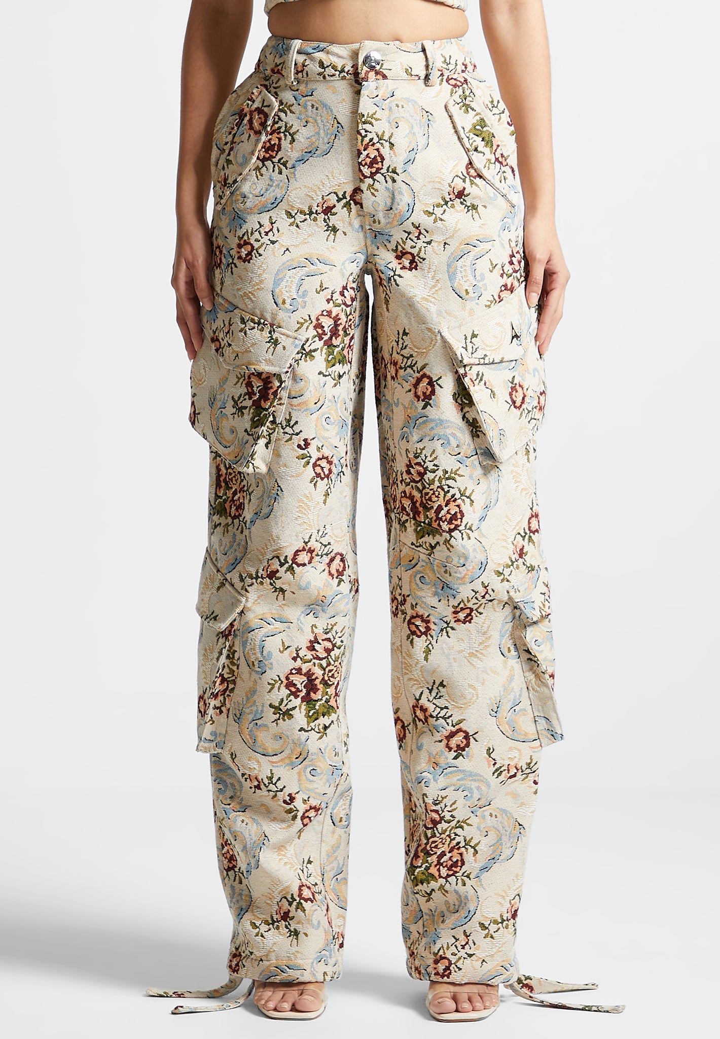Floral Jacquard High Waisted Cargo Pants - Beige