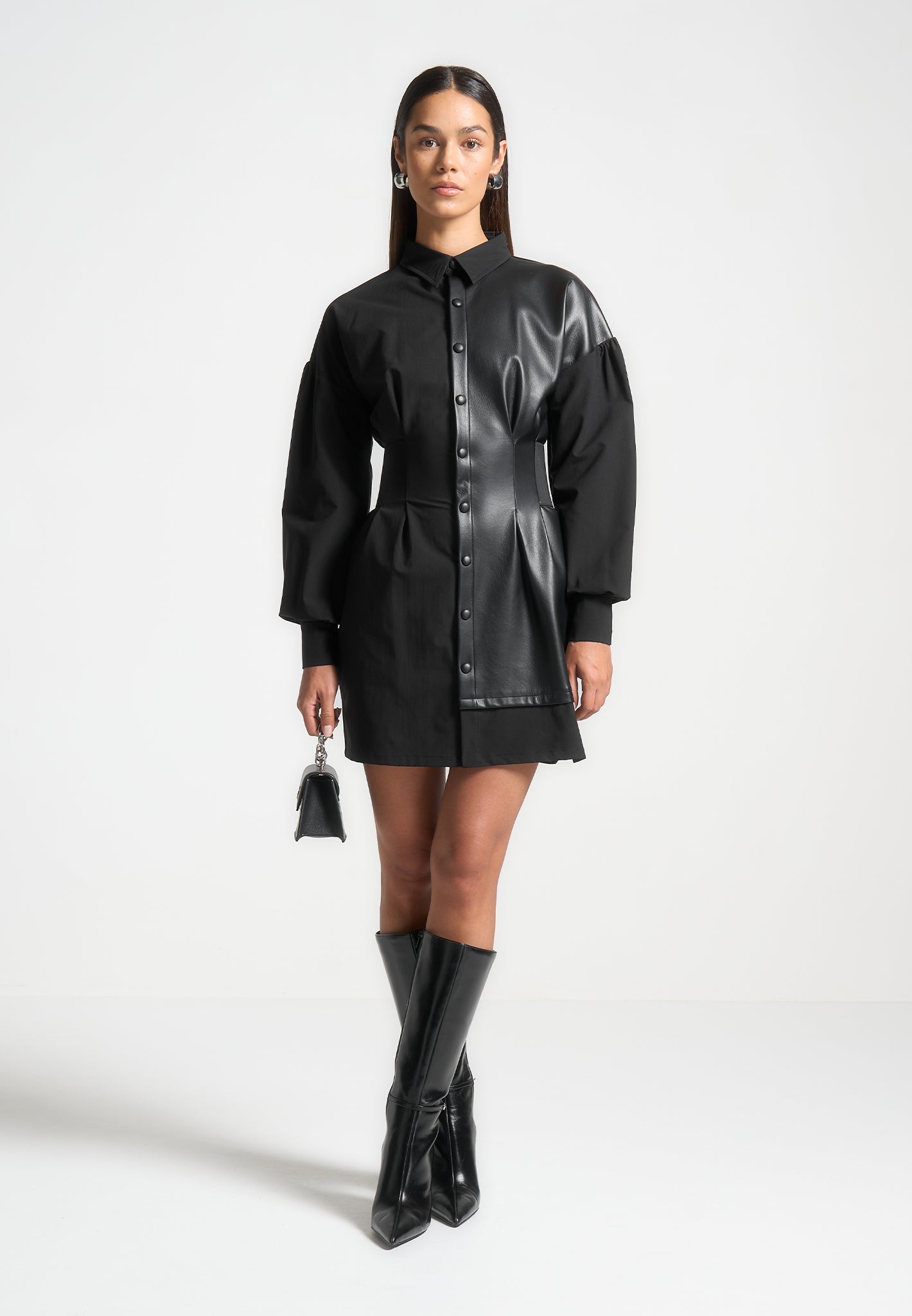 Leather Gathered Dress - Black