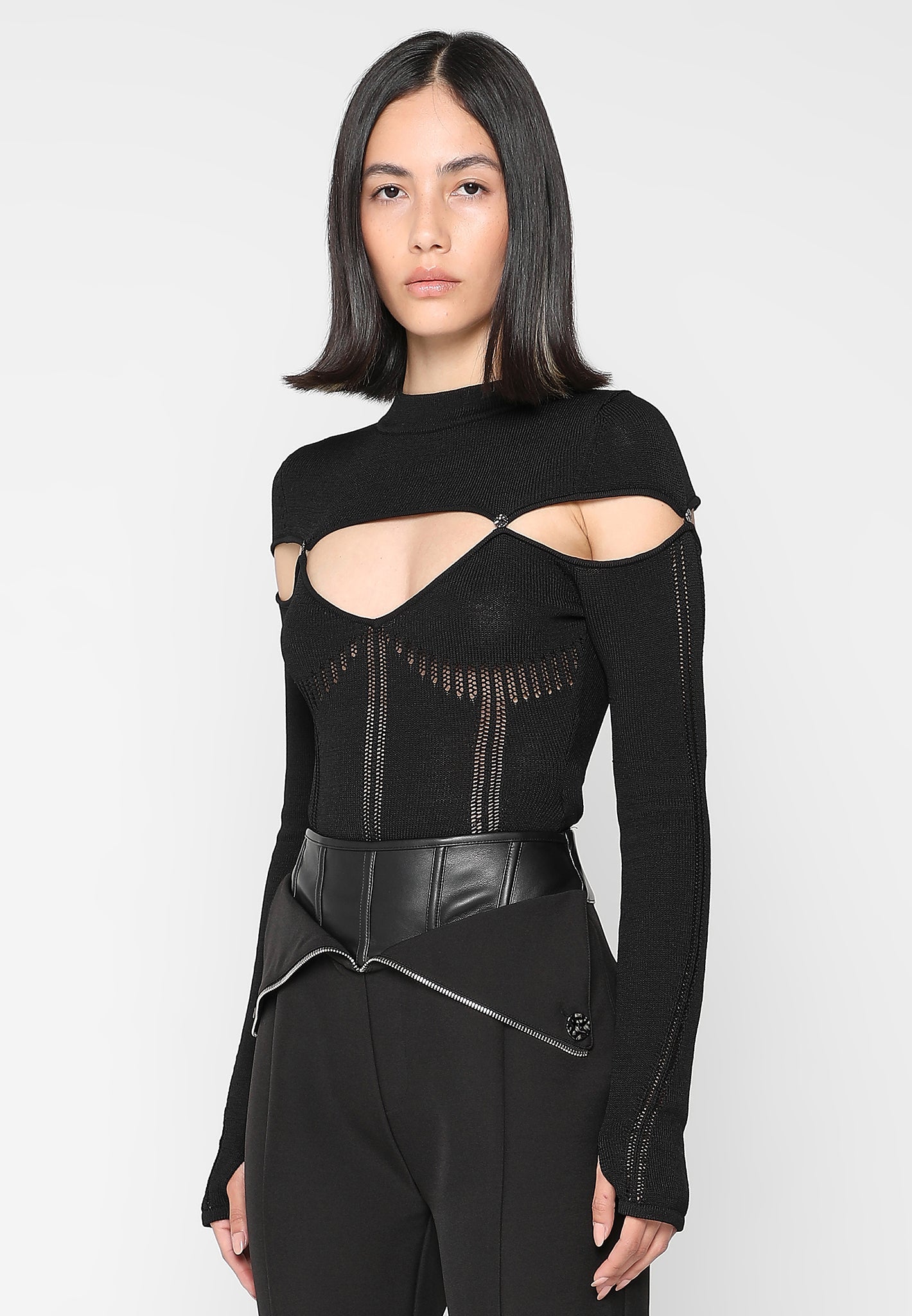 Knitted Cut Out Bodysuit - Black