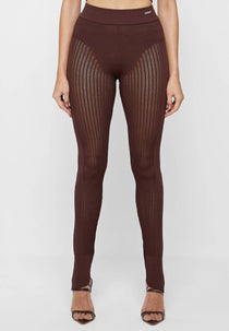 Knitted High Waisted Leggings - Brown