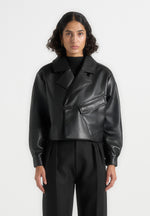 Double Breasted Leather Biker Jacket - Black