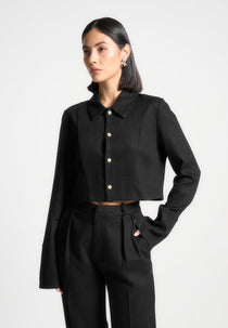 Florine - Linen Pintuck Cropped Shirt - Black