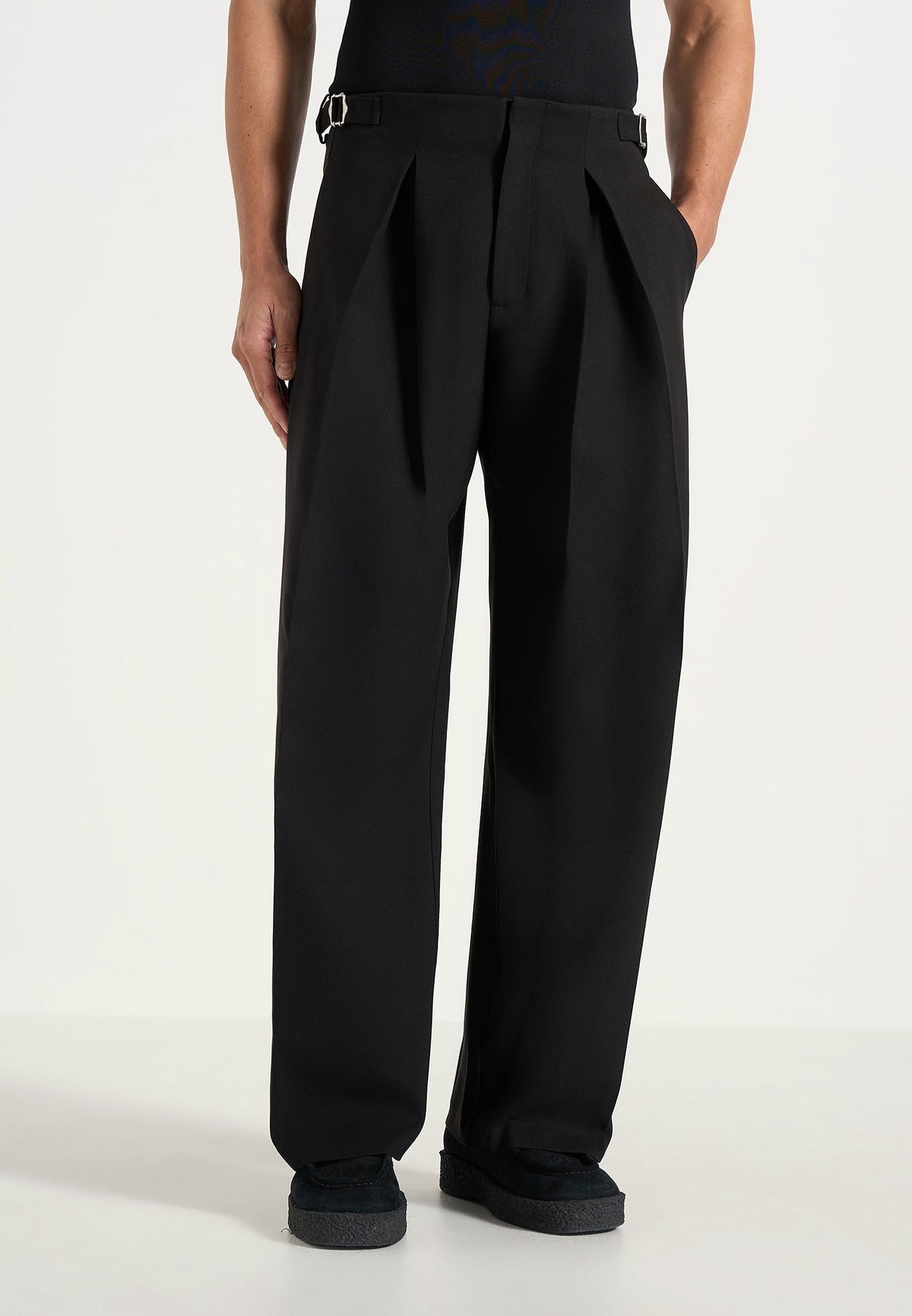 Lior - Box Pleat Wide Leg Wool-Blend Pants - Black