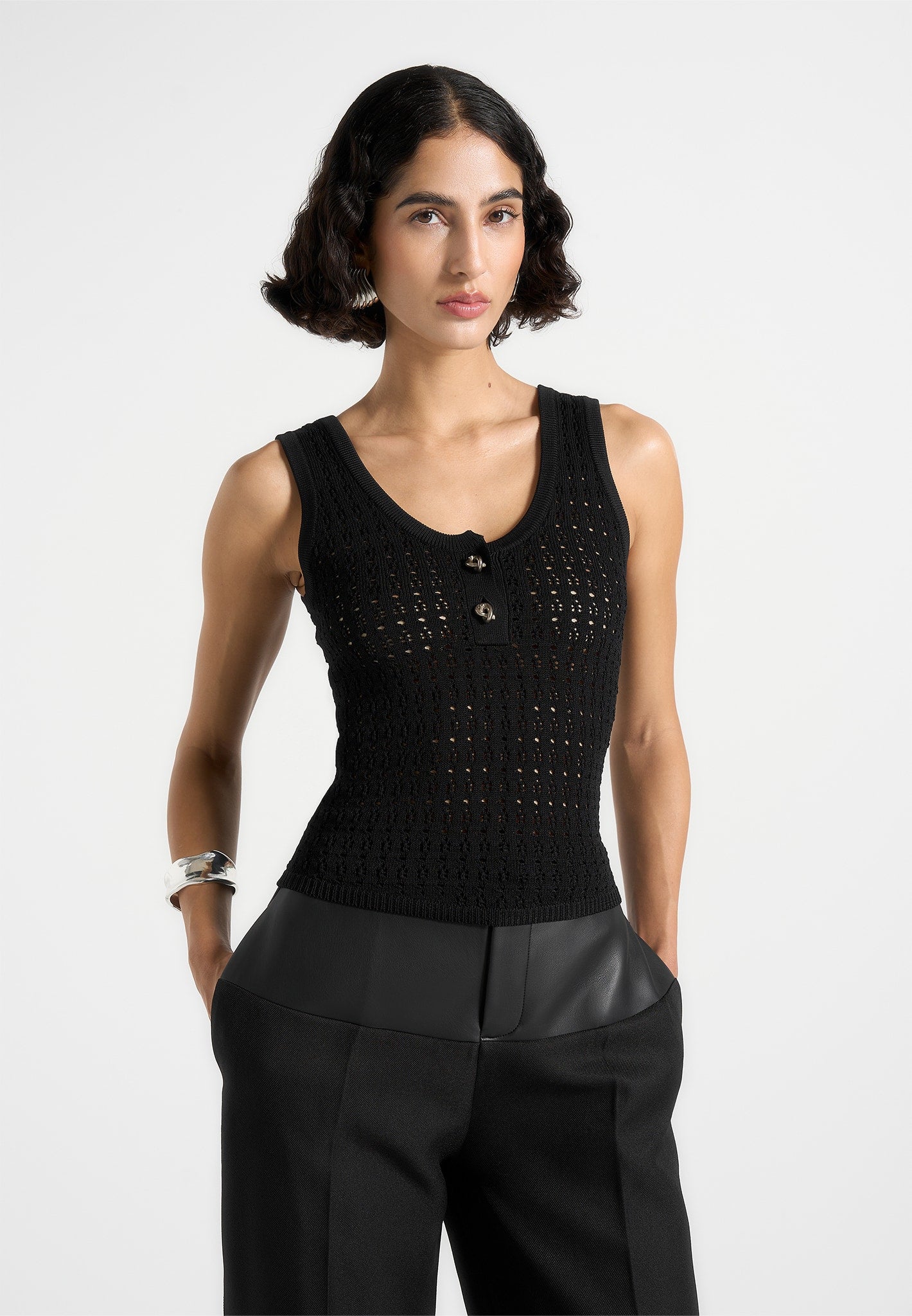 Nora - Pointelle Knitted Vest with Knot Button - Black 
