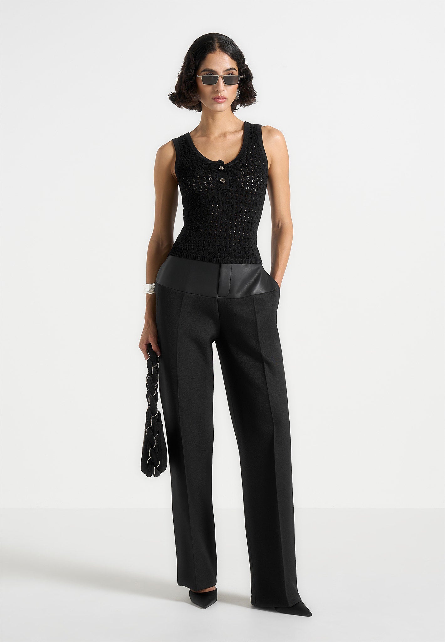 Nora - Pointelle Knitted Vest with Knot Button - Black