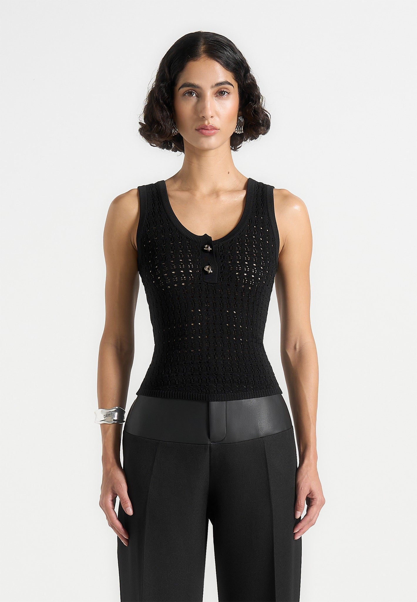 Nora - Pointelle Knitted Vest with Knot Button - Black