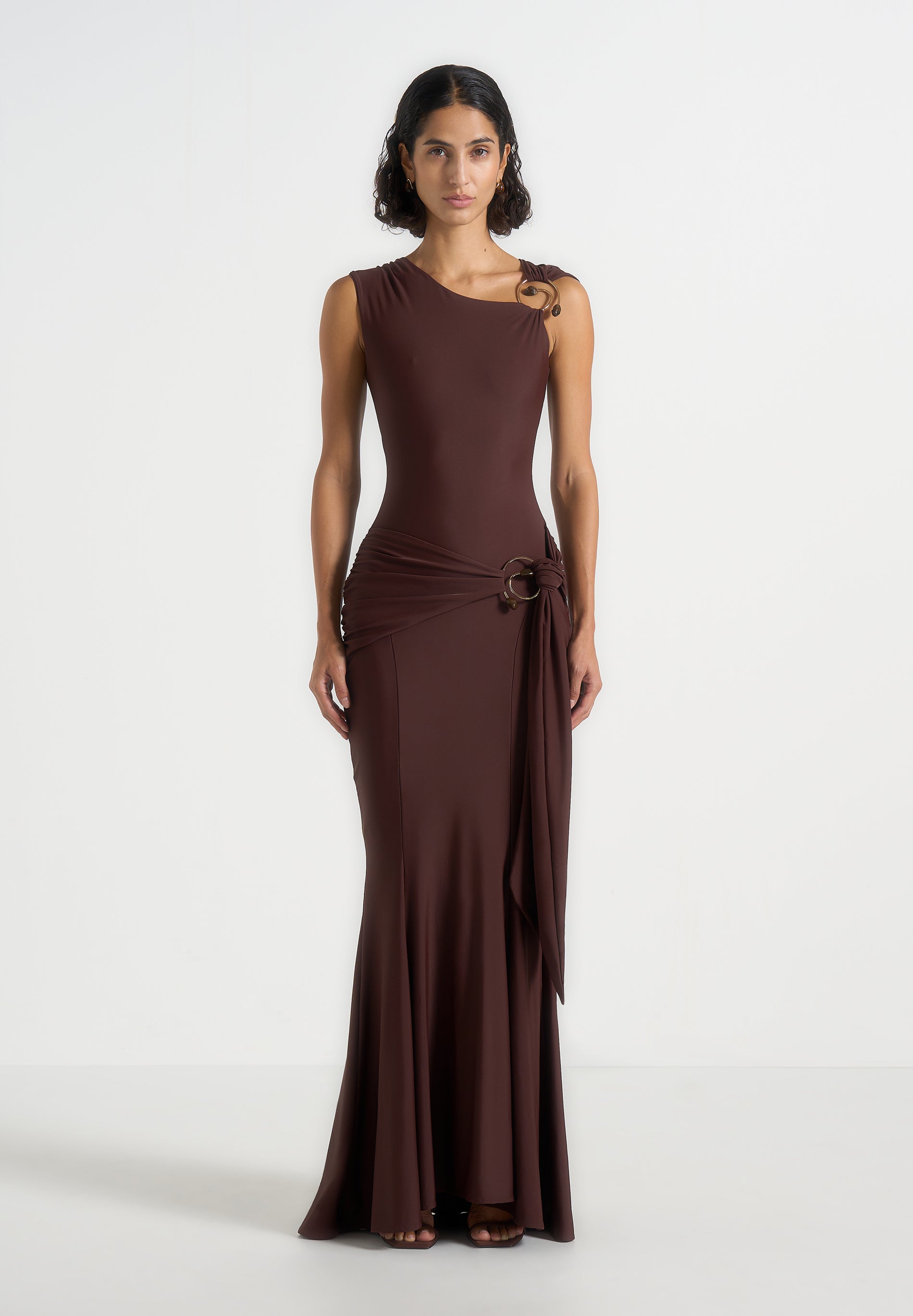 Women's Asymmetric Draped Maxi Dress - Brown - US 10 - Rania