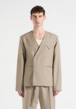 Collarless Double Breasted Minimal Blazer - Beige