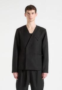 Colin - Collarless Double Breasted Minimal Blazer - Black