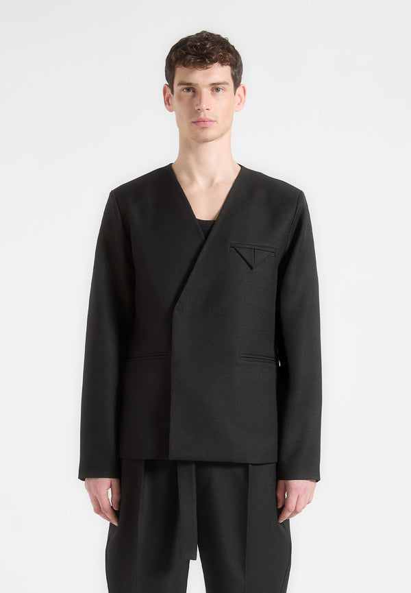 Colin - Collarless Double Breasted Minimal Blazer - Black