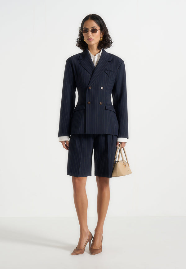 Lorette - Pinstripe Double Pleat Tailored Shorts - Navy