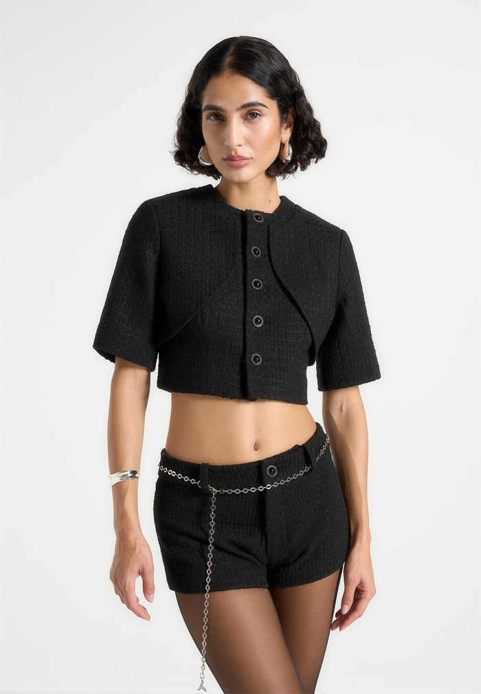 Alba - Tweed Mock Neck Curve Detailing Top - Black