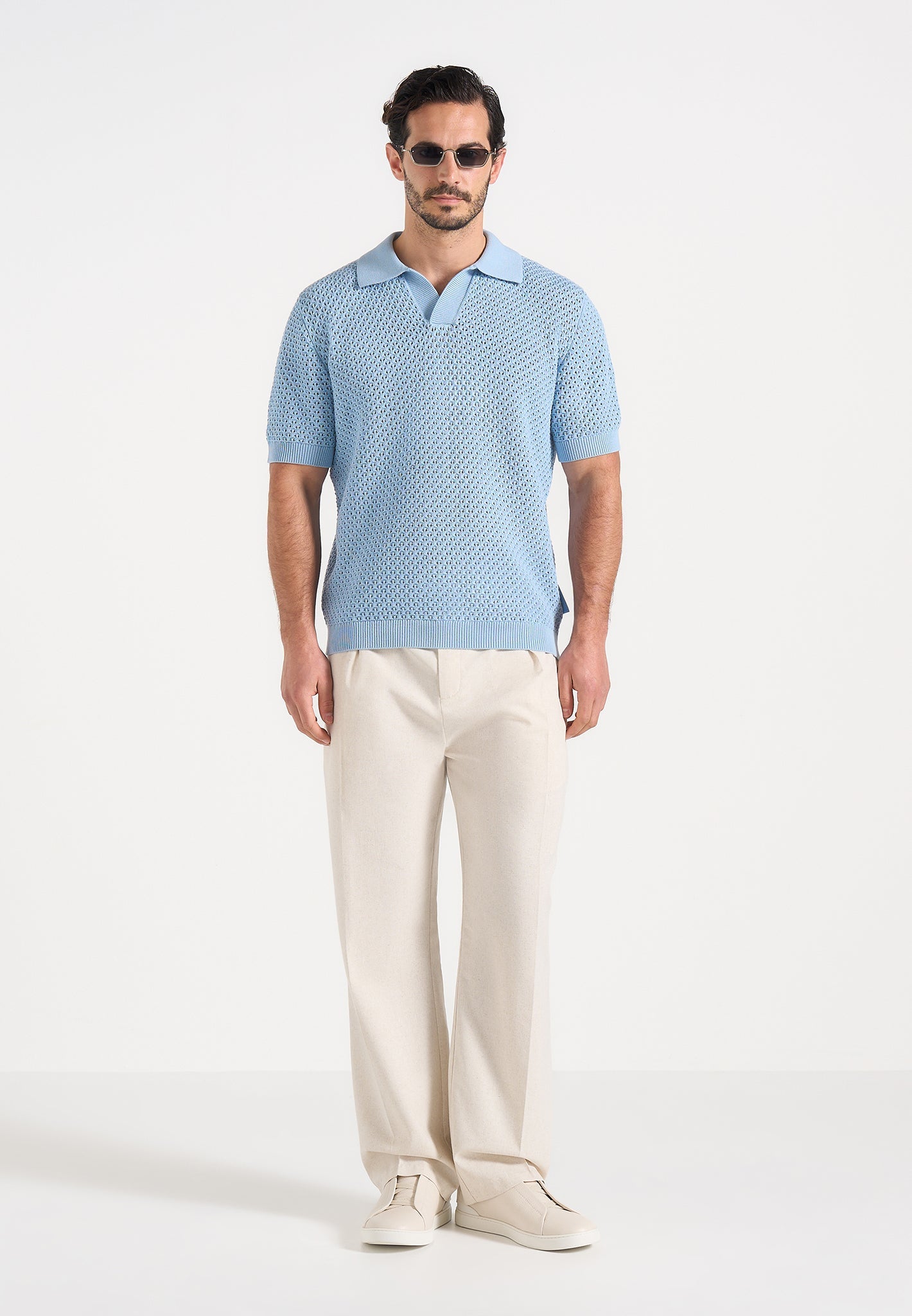 Conrad - Open Knit Polo Shirt - Pale Blue 