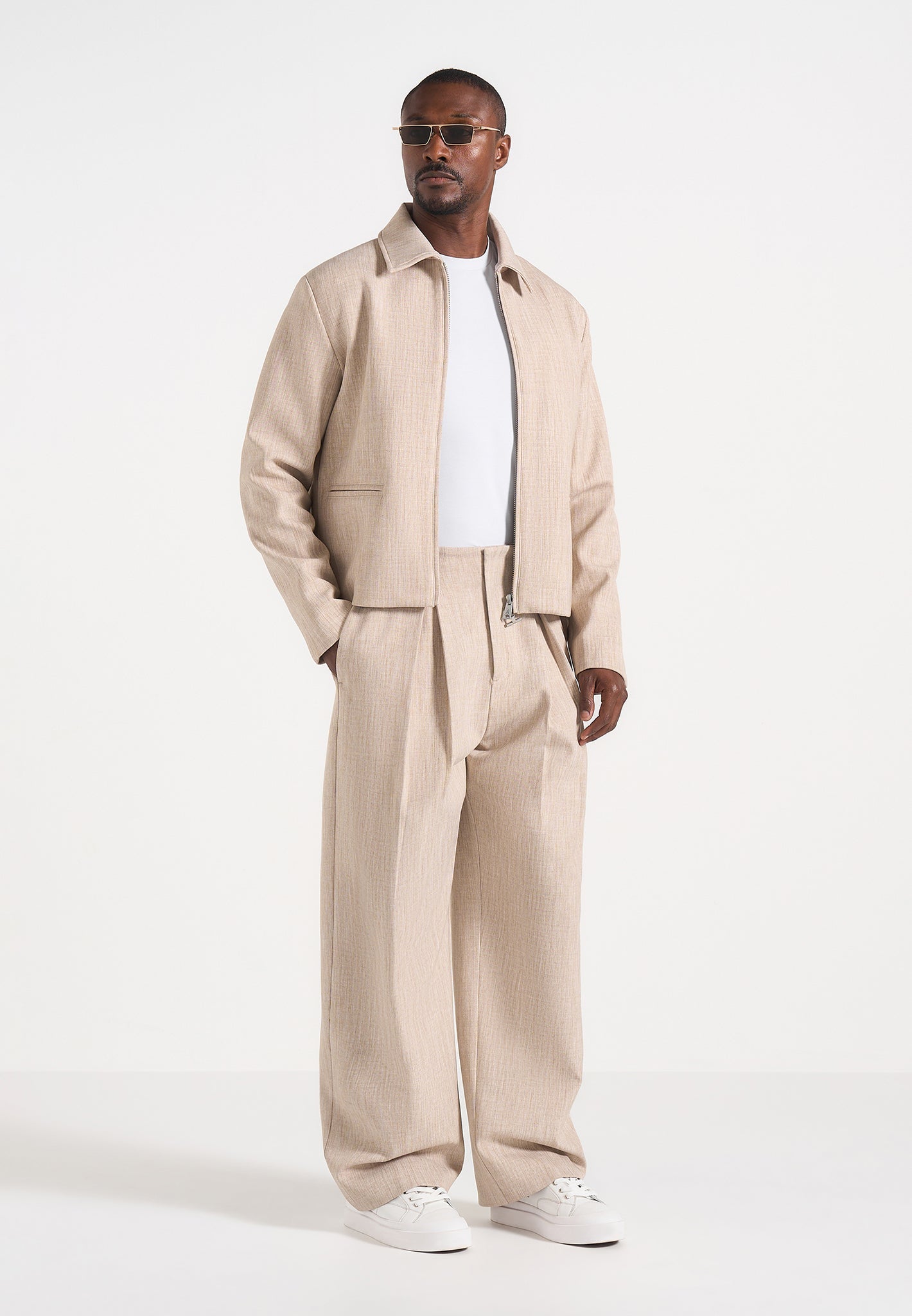 Men's Box Pleat Wide Leg Pants - Beige - W36