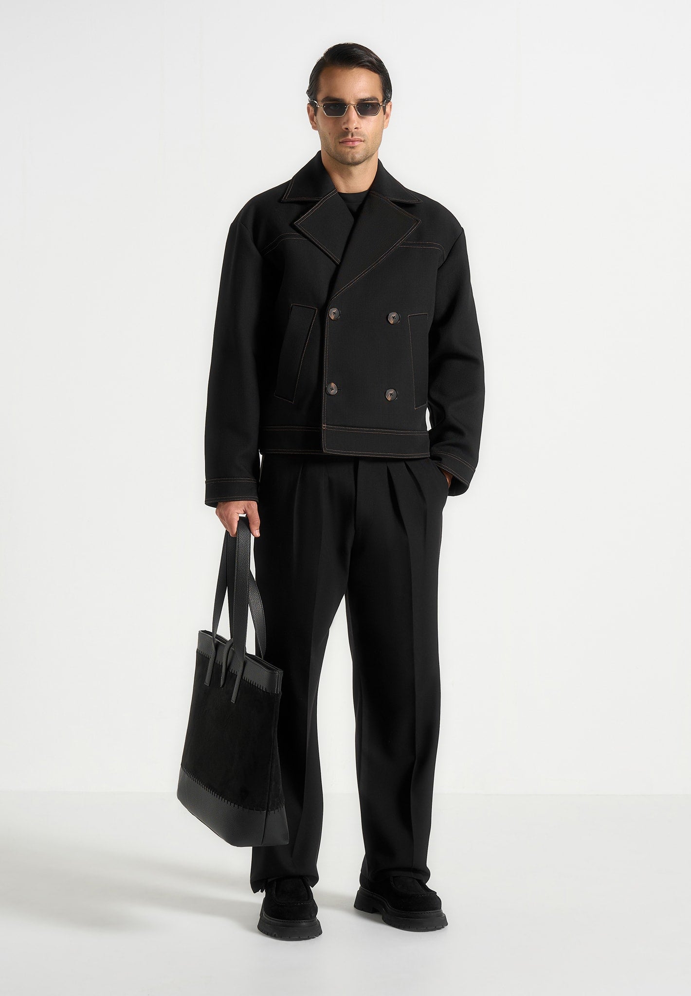 Mika - Unisex Tailored Double Breasted Jacket With Contrast Stitch - Black