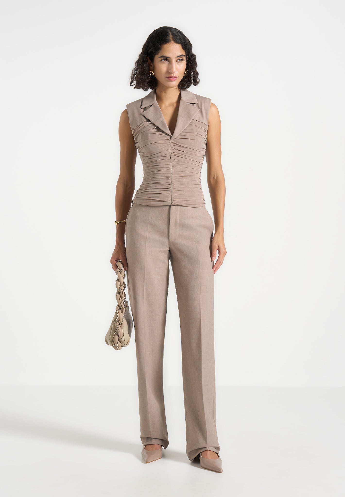 Nina - Cigarette Fit Tailored Trousers - Mushroom 