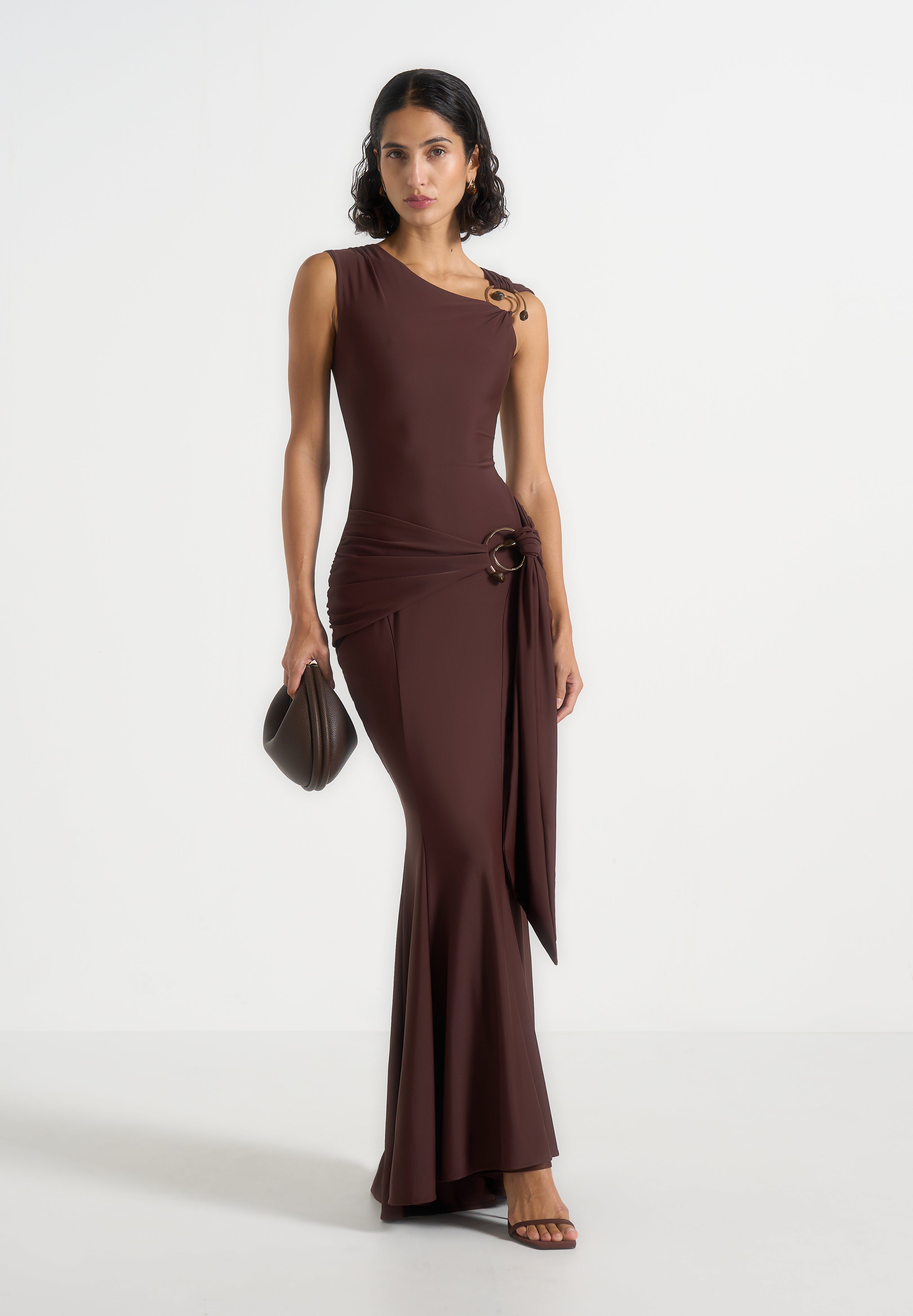 Women's Asymmetric Draped Maxi Dress - Brown - US 10 - Rania