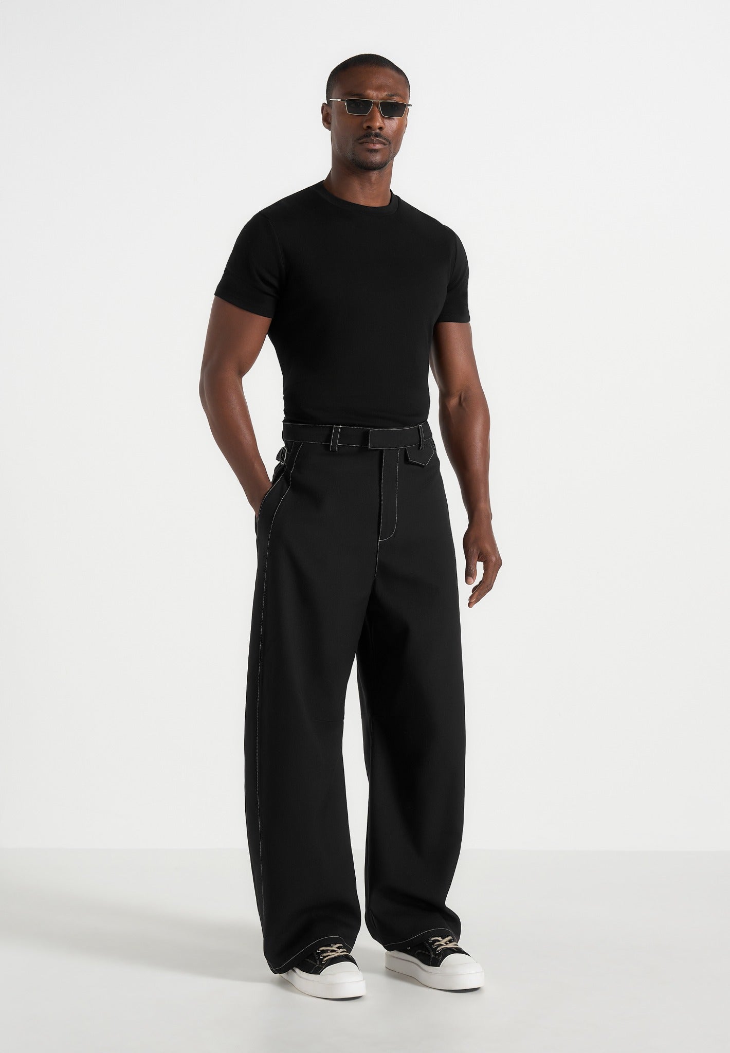 Marceau - Contrast Stitch Barrel Leg Pants - Black 