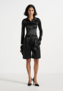 Women's Satin Double Pleat Shorts - Black - Au 12 - Lorette