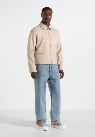 Amir - Boxy Hatched Harrington Jacket - Beige