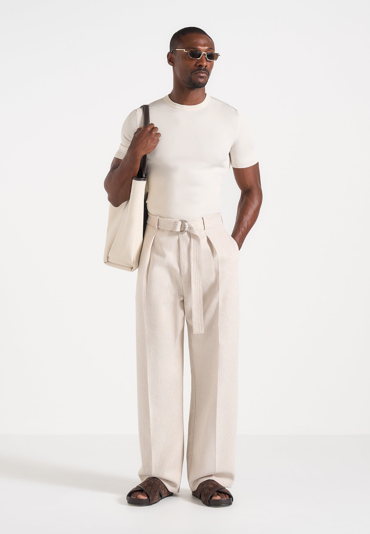Loic - Wide Leg Textured Trousers with Belt - Cream | Manière De Loic - Wide Leg Textured Trousers with Belt - Cream | Manière De
