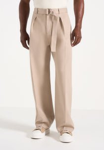 Loic - Wide Leg Tailored Trousers With Belt - Beige