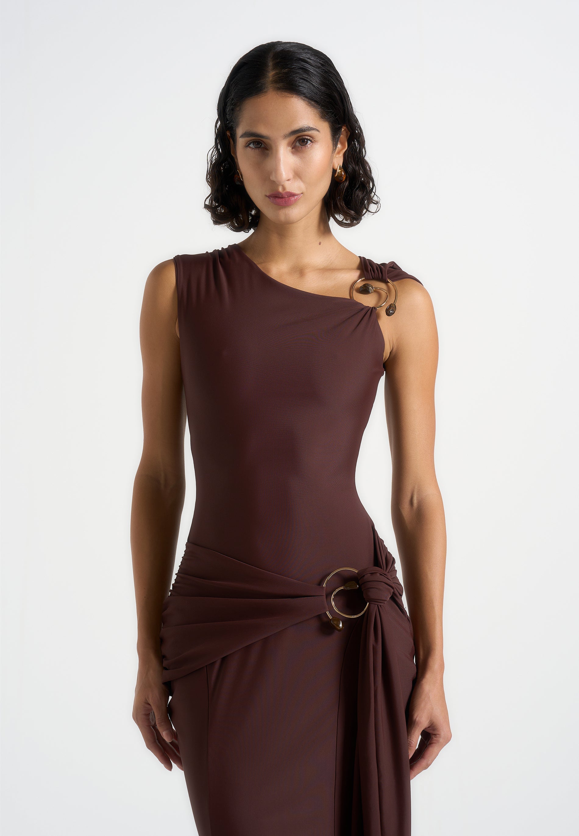 Women's Asymmetric Draped Maxi Dress - Brown - US 10 - Rania - Manire de Voir Women's Asymmetric Draped Maxi Dress - Brown - US 10 - Rania - Manire de Voir