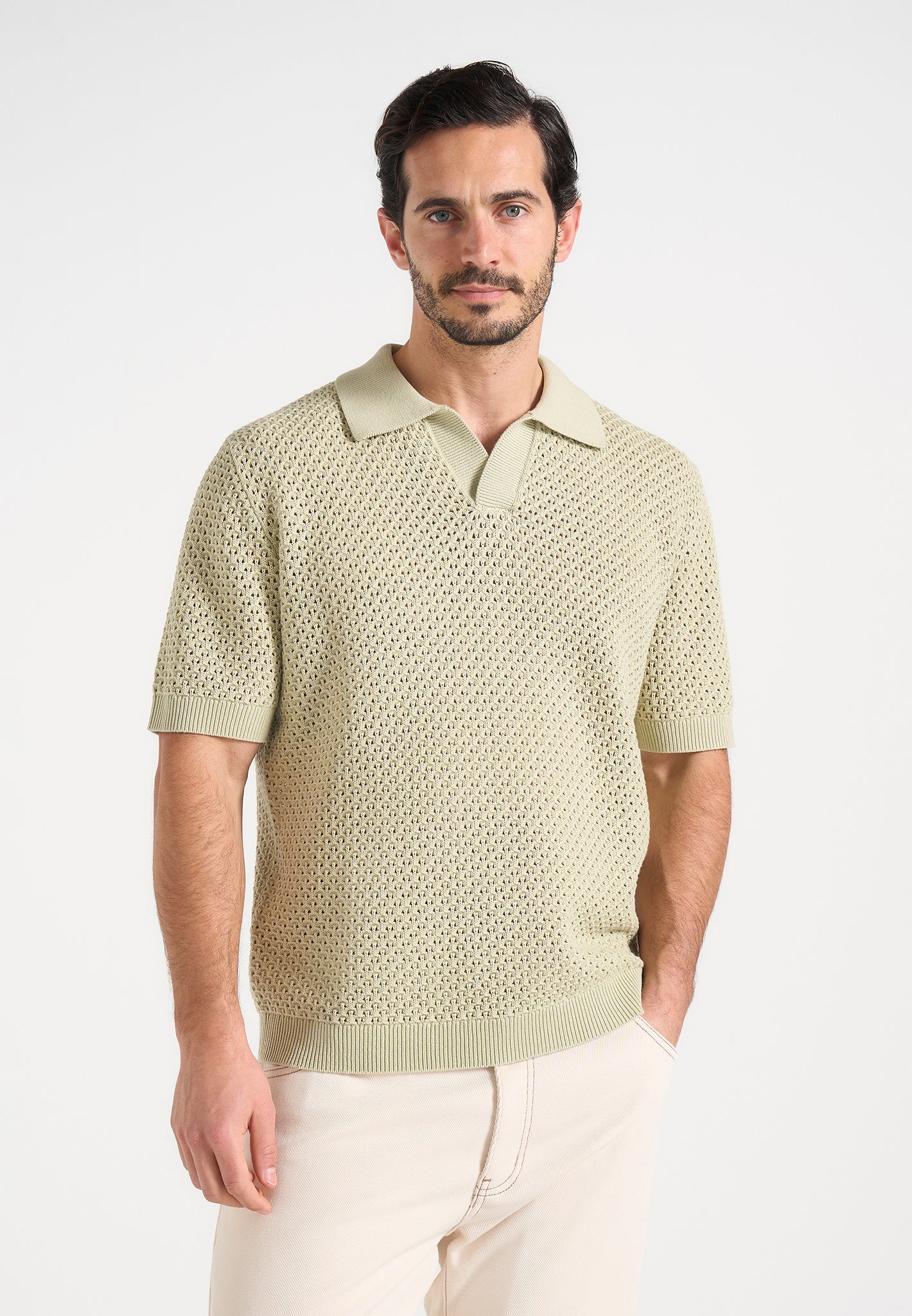 Conrad - Open Knit Polo Shirt - Sage 