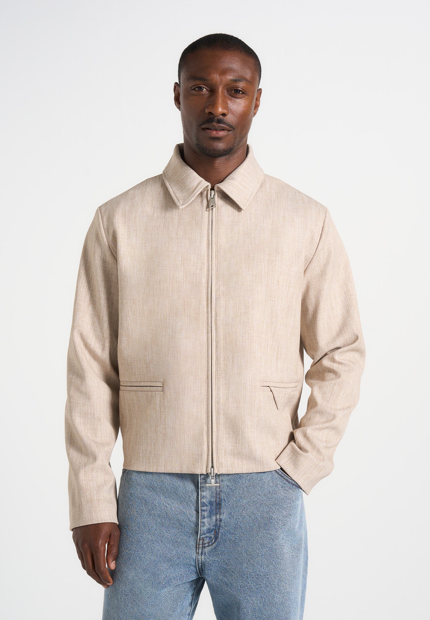 Amir - Boxy Hatched Harrington Jacket - Beige