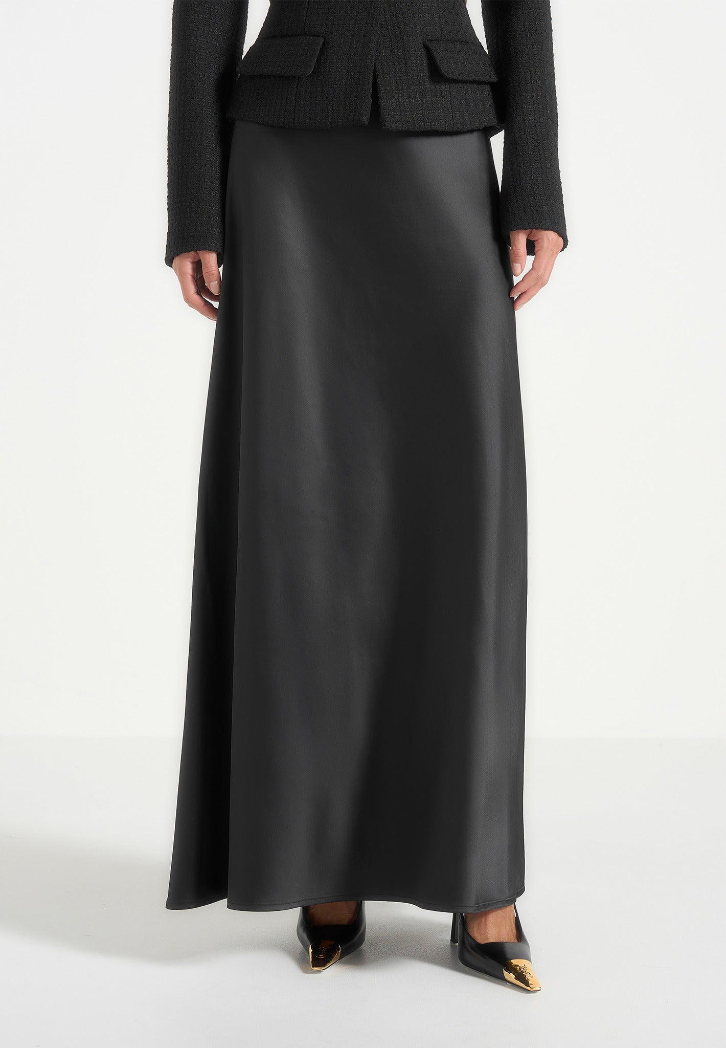 Grace - Boucle And Satin Belted Blazer Maxi Dress - Black Grace - Boucle And Satin Belted Blazer Maxi Dress - Black