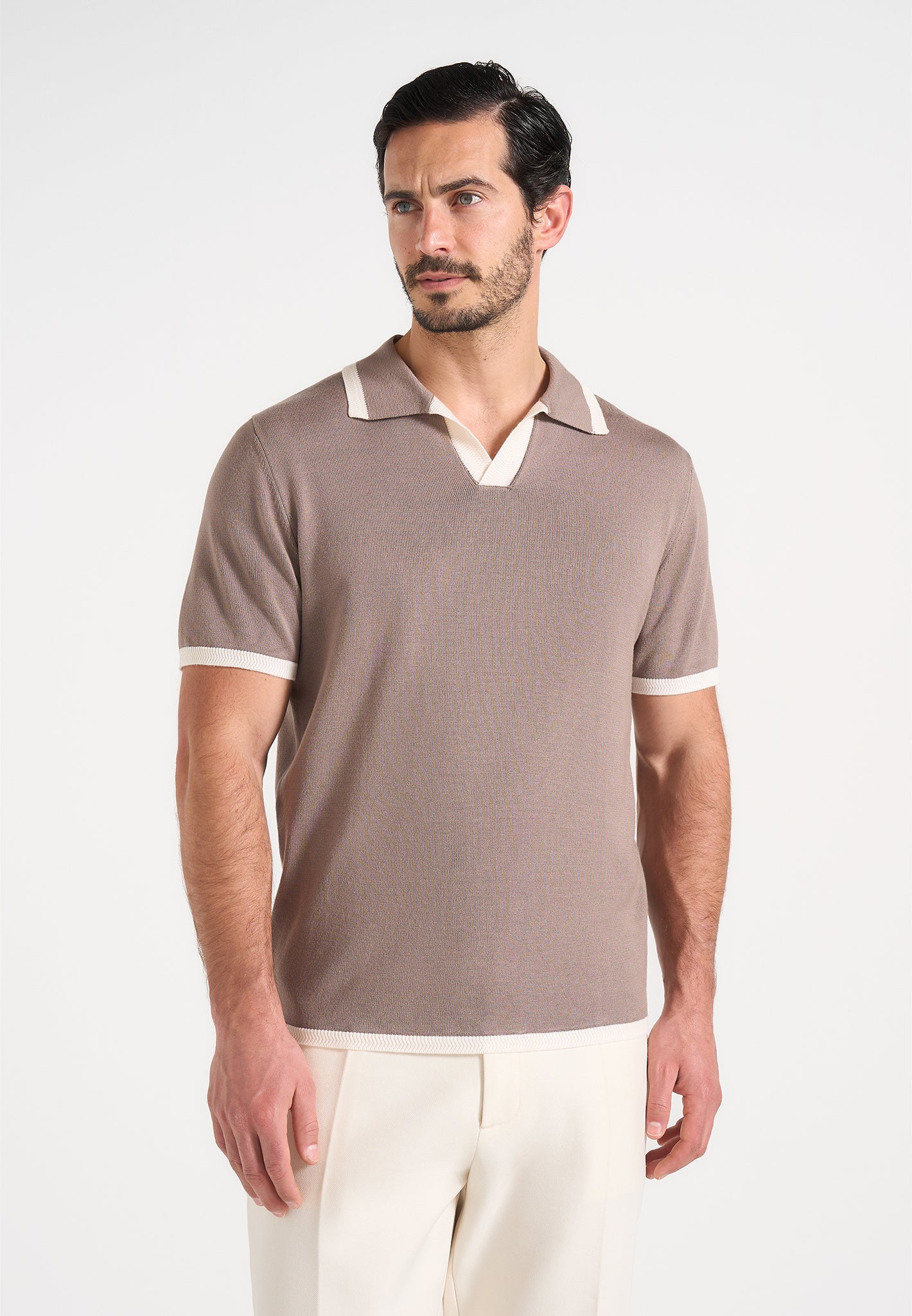 Rowen - Textured Knit Revere Polo Shirt - Taupe | Manière De Voir USA