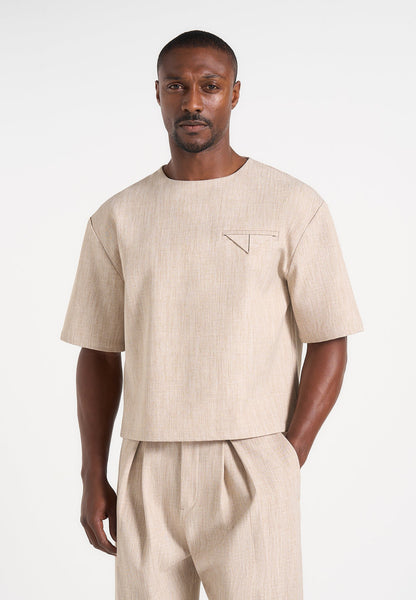 Leon - Boxy Cropped Hatched T-Shirt - Beige | Manière De Voir USA