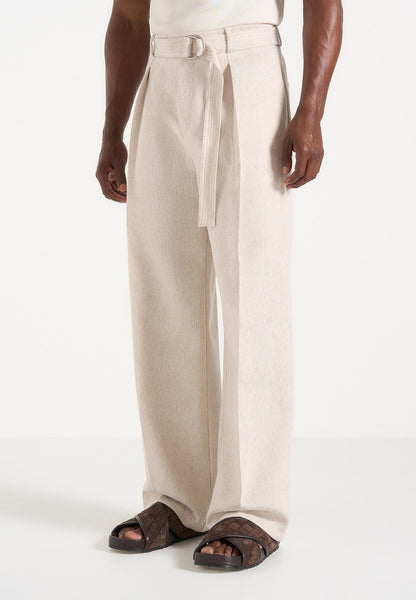 Loic - Wide Leg Textured Trousers with Belt - Cream | Manière De