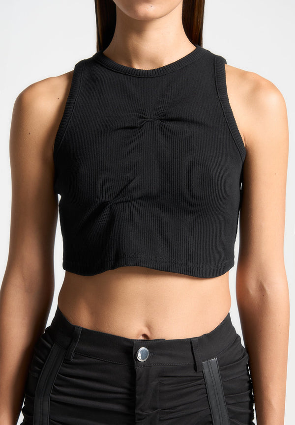 Tacked Ribbed Crop Top - Black